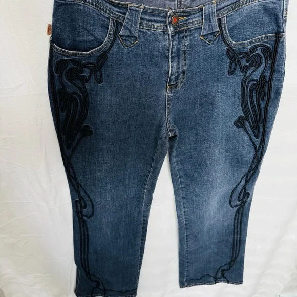 Bsou Jeans Wide Legs Embroidered Legs & Pockets Sz 12 - Picture 3 of 15